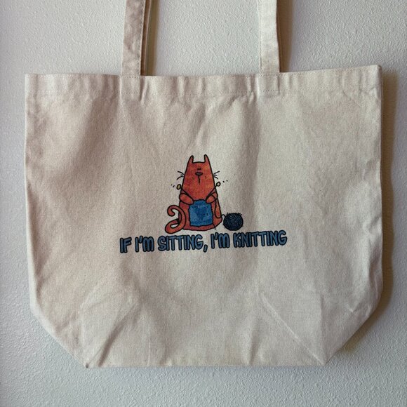 Orange Tabby Cat Knitting Canvas Tote Bag Knitters Cat Lady Person Beige Canvas - Picture 2 of 7